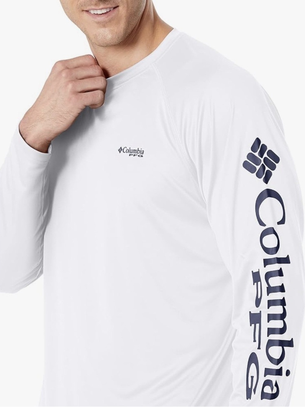 Columbia White Long-Sleeve UPF Fishing Shirt with Navy Logo
